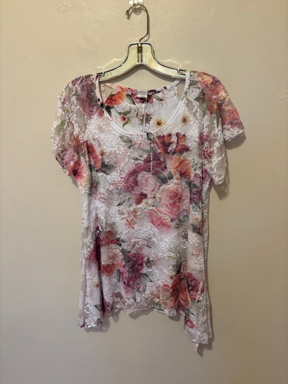 Brittany Black White Tee with Pink and Coral Floral Lace